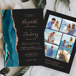 5-Photo Teal Blue Rose Gold Agate Dark Wedding Kaart
