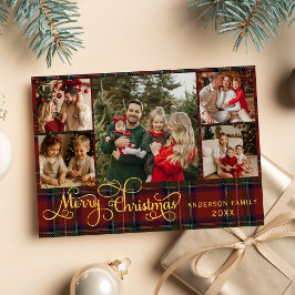 5 photos Merry Christmas elegant script red plaid Feestdagenkaart