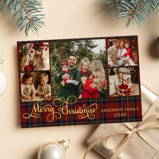 5 photos Merry Christmas elegant script red plaid Feestdagenkaart