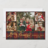 5 photos Merry Christmas elegant script red plaid Feestdagenkaart (Voorkant)