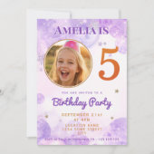 5 Purple Gold Star Bubbles 5th Birthday Invitation Kaart (Voorkant)