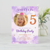 5 Purple Gold Star Bubbles 5th Birthday Invitation Kaart (Staand voorkant)