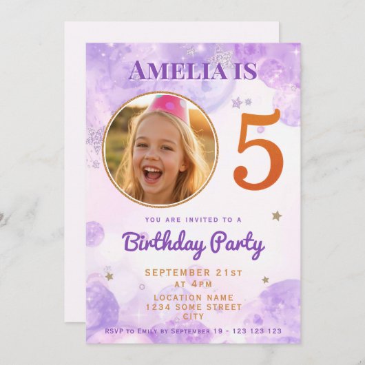 5 Purple Gold Star Bubbles 5th Birthday Invitation Kaart (Voorkant / Achterkant)