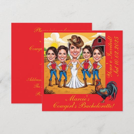 5 rustieke Cowgirl karikaturen Bachelorette Kaart (Voorkant / Achterkant)