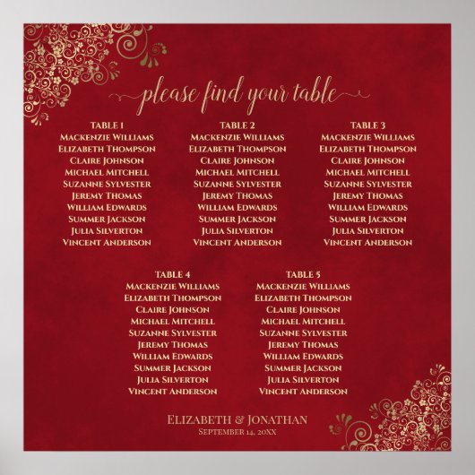 5 Tabel Crimson Red & Gold Wedding Seating Chart Poster (Voorkant)