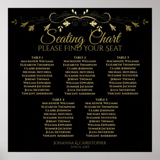 5 Tabel Elegant Gold & Black Wedding Seating Chart Poster (Voorkant)