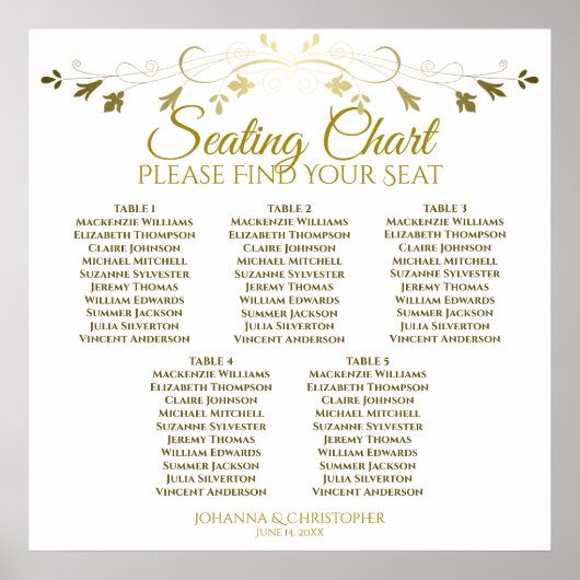 5 Tabel Elegant Gold & White Wedding Seding Chart Poster (Voorkant)