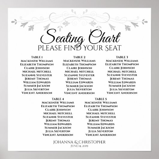 5 Tabel Lacy Silver Filigree Wedding Seding Chart Poster (Voorkant)
