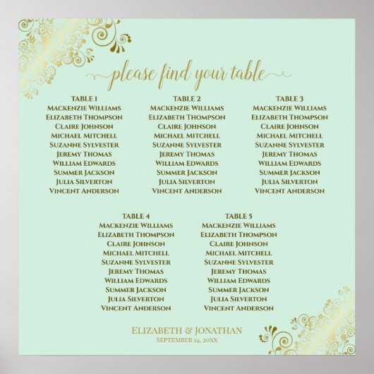 5 Tabel Neo Mint & Gold Wedding Seating Chart Poster (Voorkant)