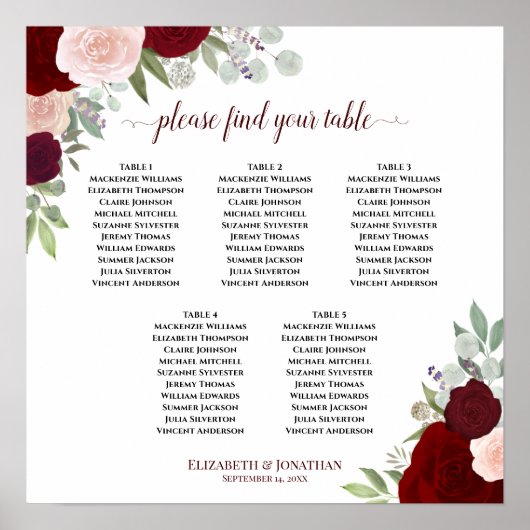 5 Tabel Rood en roze Floral Wedding Seating Chart Poster (Voorkant)
