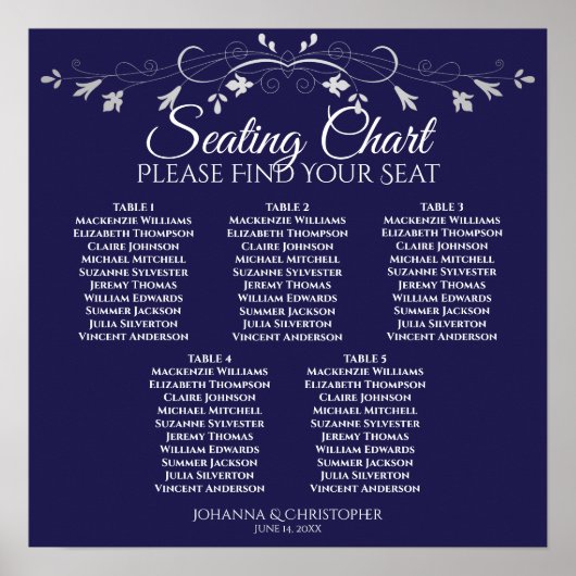 5 Tabel Silver Floral Navy Wedding Seating Chart Poster (Voorkant)