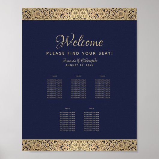 5 Tabellen Navy Blue Wedding Seating Chart Gold Ro Poster (Voorkant)