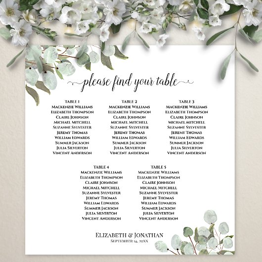 5 Tafel Eucalyptus Leaves Wedding Seding Chart Poster
