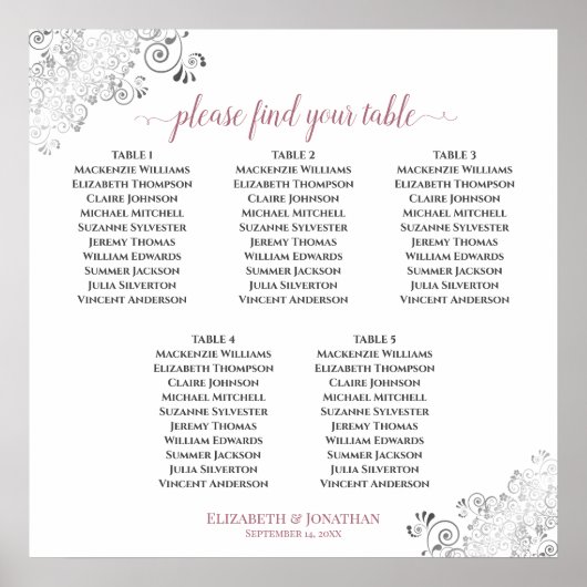 5 Tafel Lacy Wedding Seating Chart Roos op wit Poster (Voorkant)