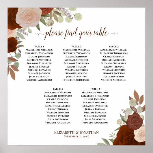 5 Tafel Sinaasappel Floral Wedding Seating Chart Poster (Voorkant)