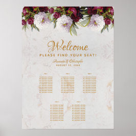 5 Tafel zitplaatskaart marmer rood-witte pioenroos Poster