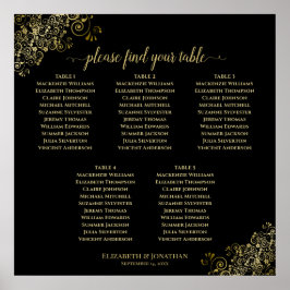 5 Tafel zwarte bruiloft Zitkaart met Gold Frills Poster