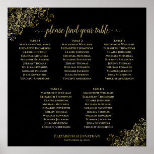 5 Tafel zwarte bruiloft Zitkaart met Gold Frills Poster
