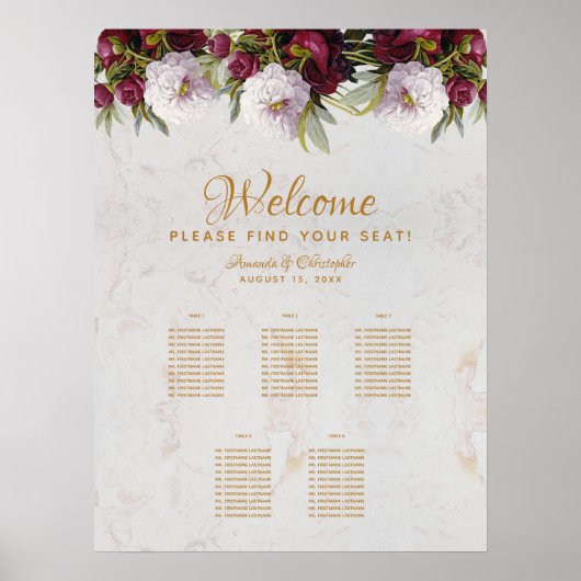 5 Tafelplaatje Marble Burgundy White Peony Poster (Voorkant)