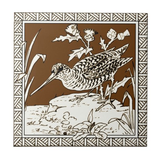 #5 van 12 Repro 1880s Minton Mocha Bird Series Tegeltje (Voorkant)