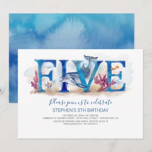 5 Verjaardagsuitnodiging Magic Onder de Zee Wereld Kaart (Voorkant / Achterkant)