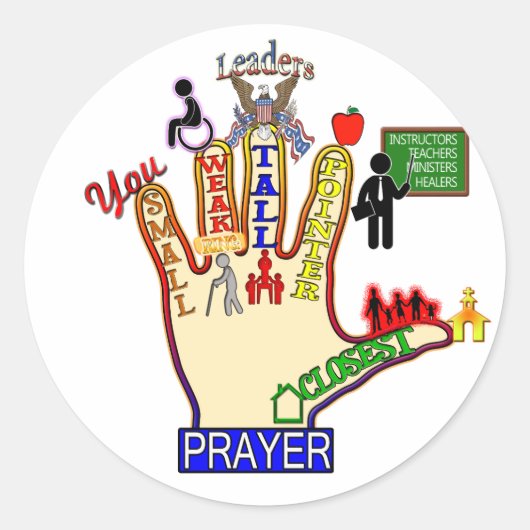 5 VIJF VINGER PRAYER-STEUN RONDE STICKER (Voorkant)