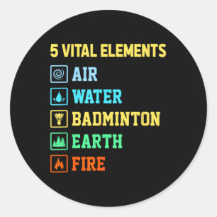 5 Vitale Elementen Lucht Water Badminton Aarde Vuu Ronde Sticker