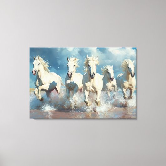 5 witte paarden op het strand canvas afdruk (Voorkant)