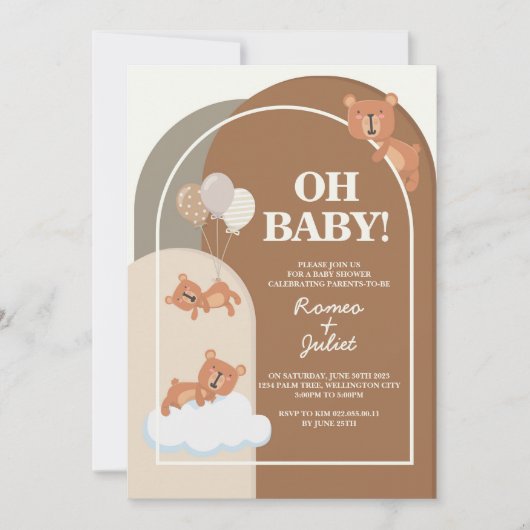 5"x7" Teddybeer babyshower uitnodiging neutrale kl (Voorkant)