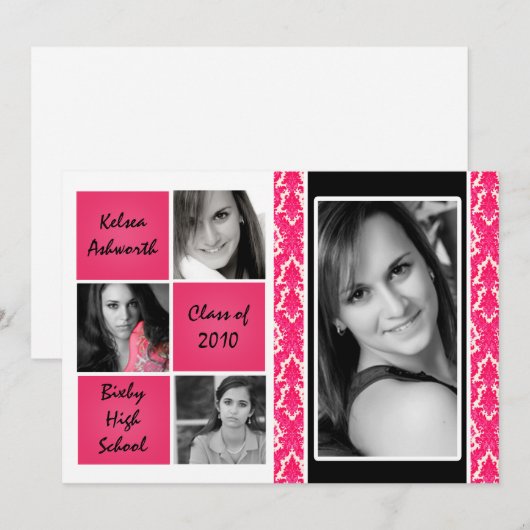 5 x 7 Aankondiging Afstuderen roze Damask-foto (Voorkant / Achterkant)