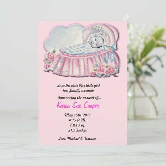 5 x 7 aankondiging FOTO Pink & Blue Basanet Birth (Staand voorkant)