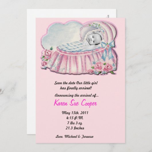 5 x 7 aankondiging FOTO Pink & Blue Basanet Birth (Voorkant / Achterkant)