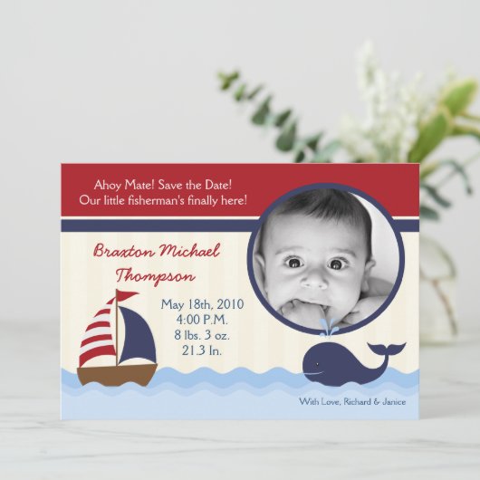 5 x 7 Ahoy Nautical Whale Foto geboorteaankondigin Aankondiging (Staand voorkant)