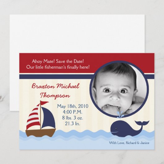 5 x 7 Ahoy Nautical Whale Foto geboorteaankondigin Aankondiging (Voorkant / Achterkant)