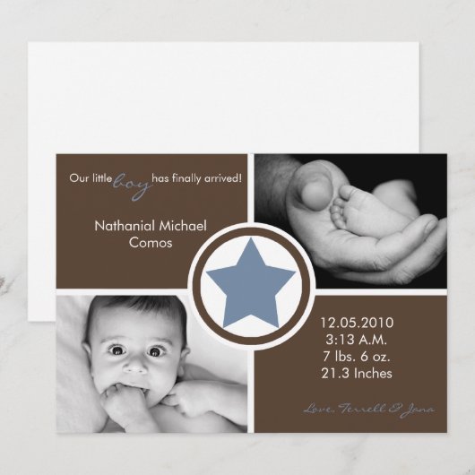 5 x 7 Baby Boy Blue Star Foto geboorteaankondiging Aankondiging (Voorkant / Achterkant)