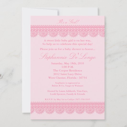 5 x 7 Baby Girl Pink Lace Baby shower Uitnodiging (Voorkant)