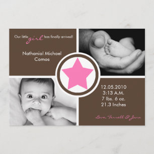 5 x 7 Baby Girl Pink Star Foto geboorteaankondigin Aankondiging