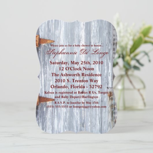 5 x 7 Baby shower Uitnodiging Wit was Wood Barn do (Staand voorkant)