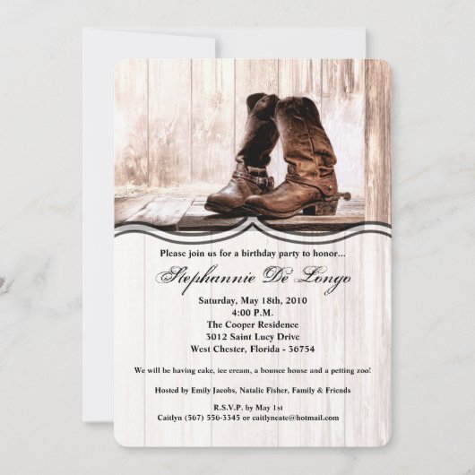 5 x 7 Birthday Invitation boots country rustige we Kaart (Voorkant)