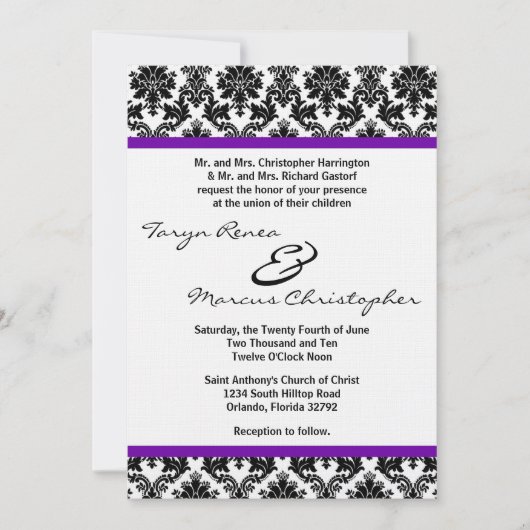 5 x 7 Black Damask & Paarse Linen Wedding Invitati Kaart (Voorkant)