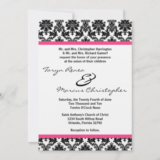 5 x 7 Black Damask & Pink Linen Wedding Invitation Kaart (Voorkant)