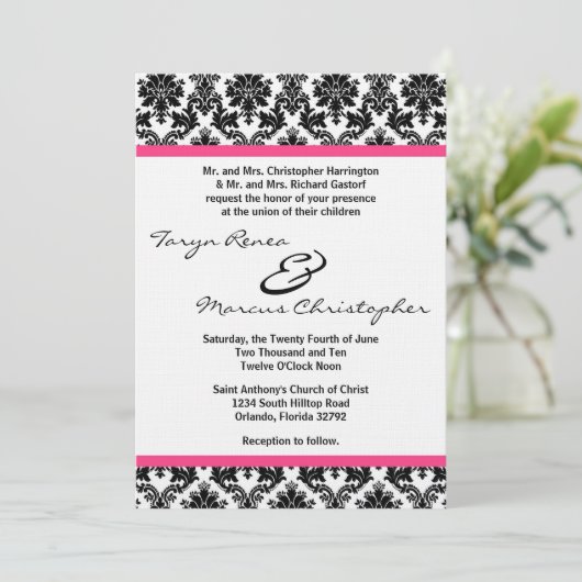 5 x 7 Black Damask & Pink Linen Wedding Invitation Kaart (Staand voorkant)