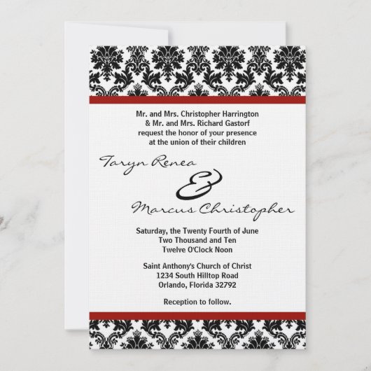 5 x 7 Black Damask Red Crim Linen Wedding Invitati Kaart (Voorkant)