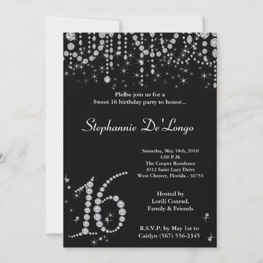 5 x 7 Black Diamond Sweet 16 Birthday Invitation Kaart (Voorkant)