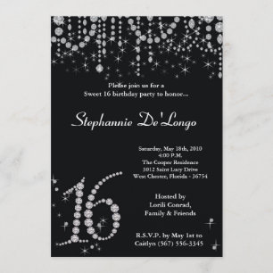 5 x 7 Black Diamond Sweet 16 Birthday Invitation Kaart