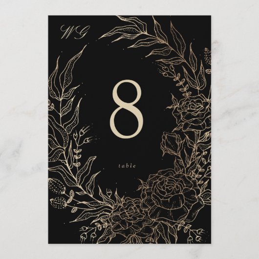 5 x 7 Black Gold Florals Wedding Table Number Kaart (Voorkant)