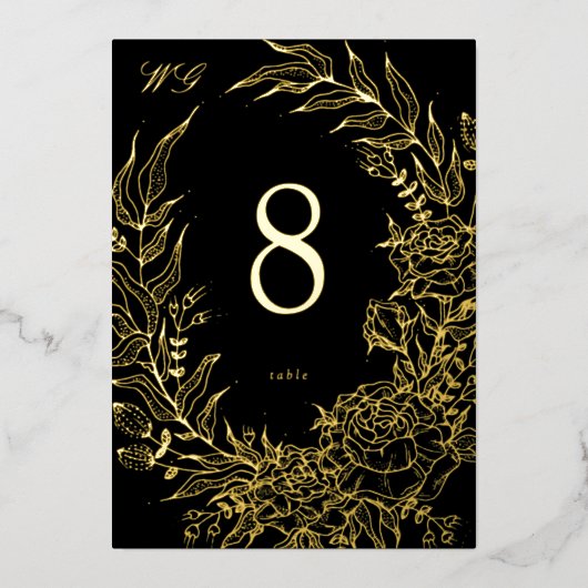 5 x 7 Black Gold FOIL Florals Wedding Table Number Folie Uitnodiging (Voorkant)