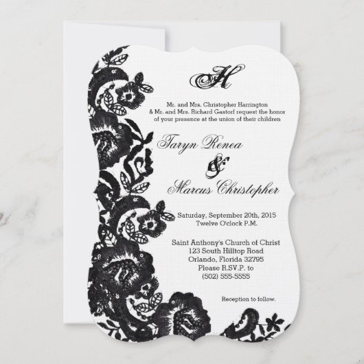 5 x 7 Black Lace Damask Antiek Wedding Invitation Kaart (Voorkant)