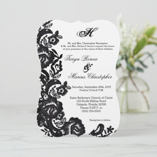 5 x 7 Black Lace Damask Antiek Wedding Invitation Kaart (Staand voorkant)