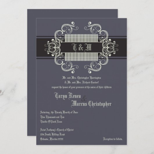 5 x 7 Black Stropdas Affair Grey Linen Wedding Inv Kaart (Voorkant / Achterkant)